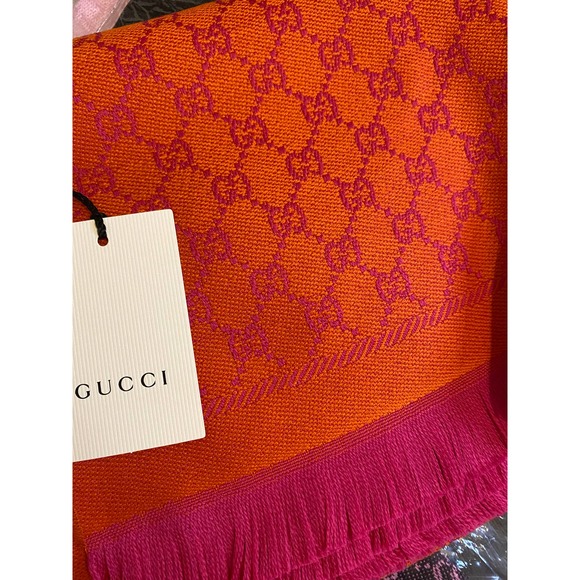 SOLD Gucci Wool Silk Jacquard GG Monogram Stenix logo Scarf Orange Pink NWT - Picture 5 of 5